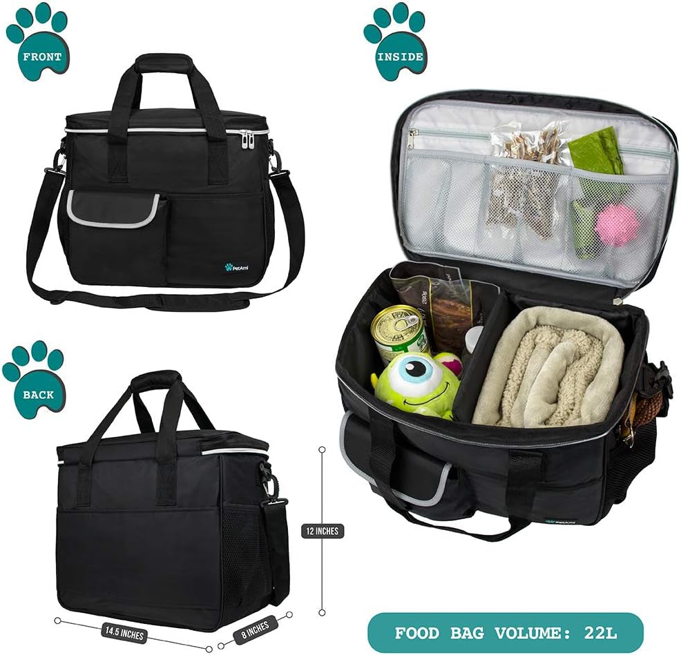Travel Bag Organizer - Dog & Cat Diaper Bag with Food Container, Bowls & Accessories for Weekend Camping