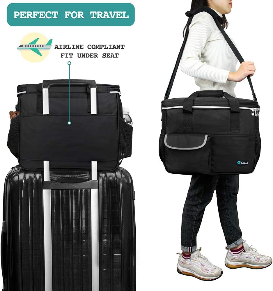 Travel Bag Organizer - Dog & Cat Diaper Bag with Food Container, Bowls & Accessories for Weekend Camping