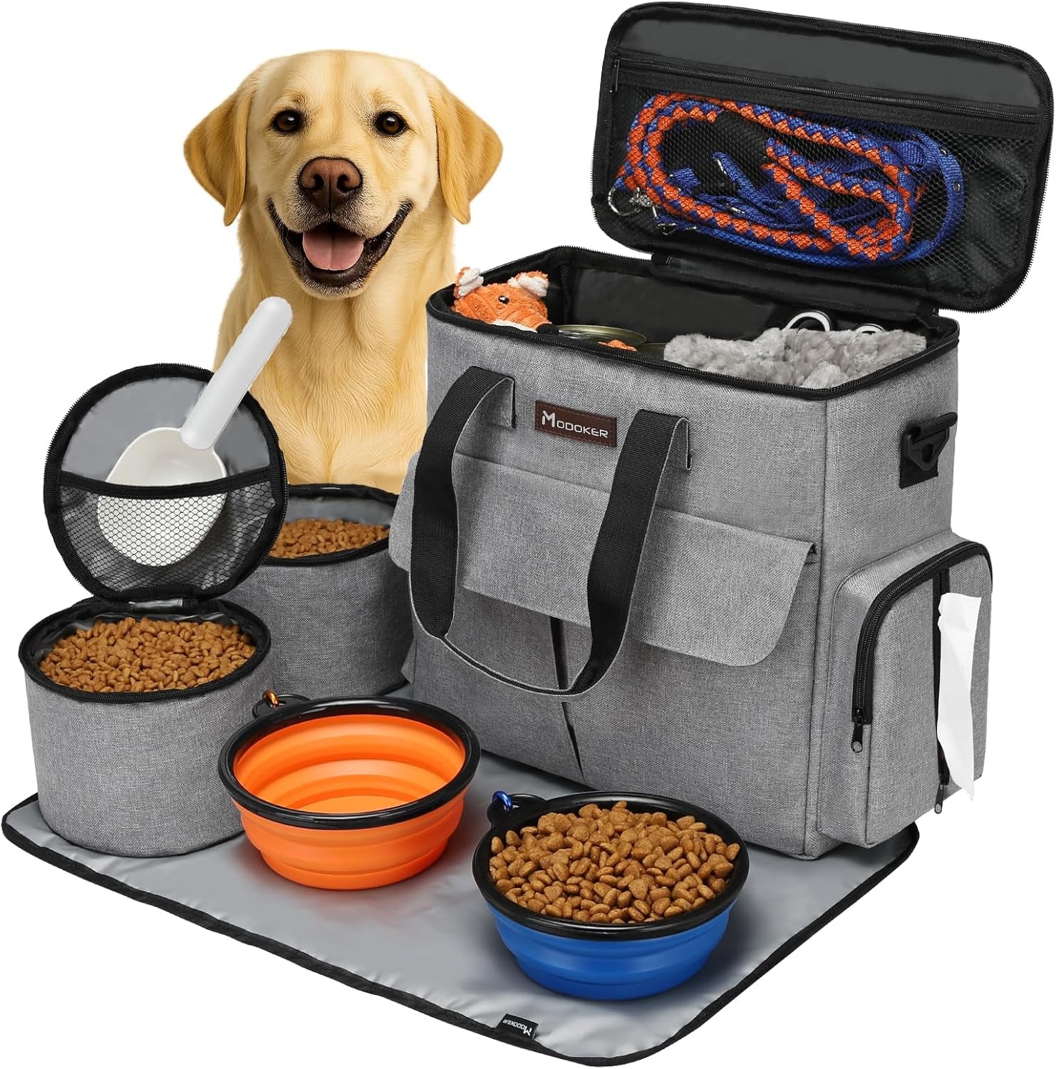 Dog Travel Bag, Weekend Pet Travel Set for Dog and Cat, Airline Approved Tote Organizer with Multi-Function Pockets, 2 Food Storage Containers, 2 Collapsible Bowls, 1 Feeding Mat (Grey)