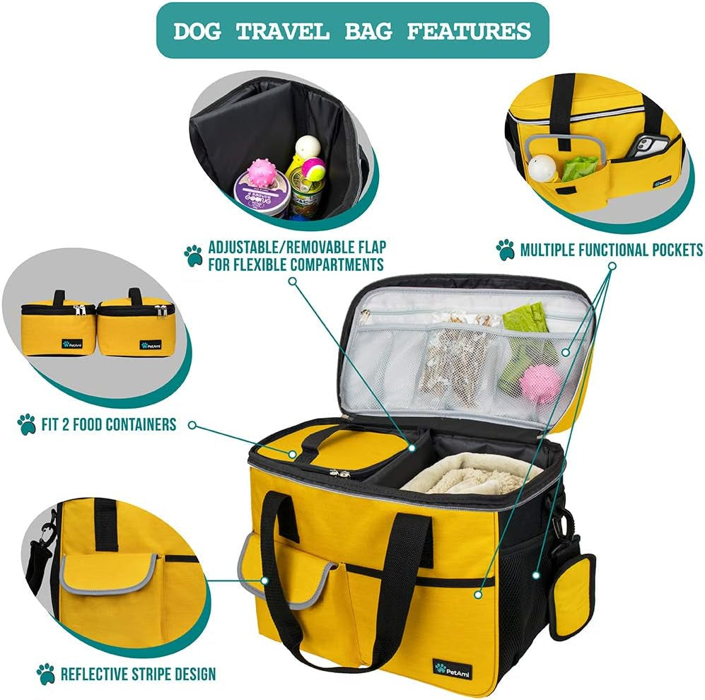 Dog Travel Bag, Travel Pet Bag Organizer, Dog Food Travel Bag with Food Container and Bowls, Dog Travel Supplies Gift Accessories for Weekend Camping, Dog Cat Diaper Bag (Yellow, Medium)