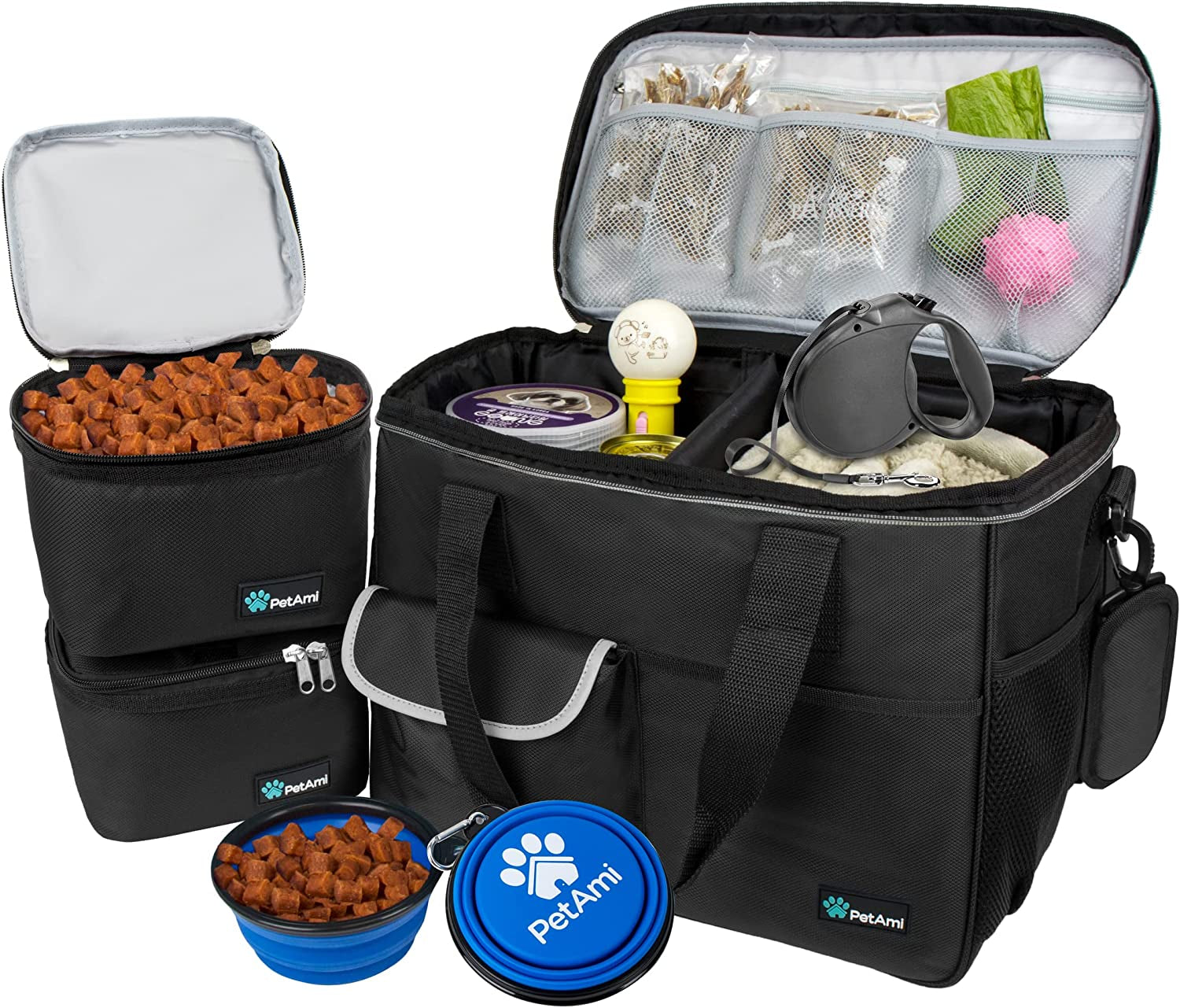 Travel Bag Organizer - Dog & Cat Diaper Bag with Food Container, Bowls & Accessories for Weekend Camping