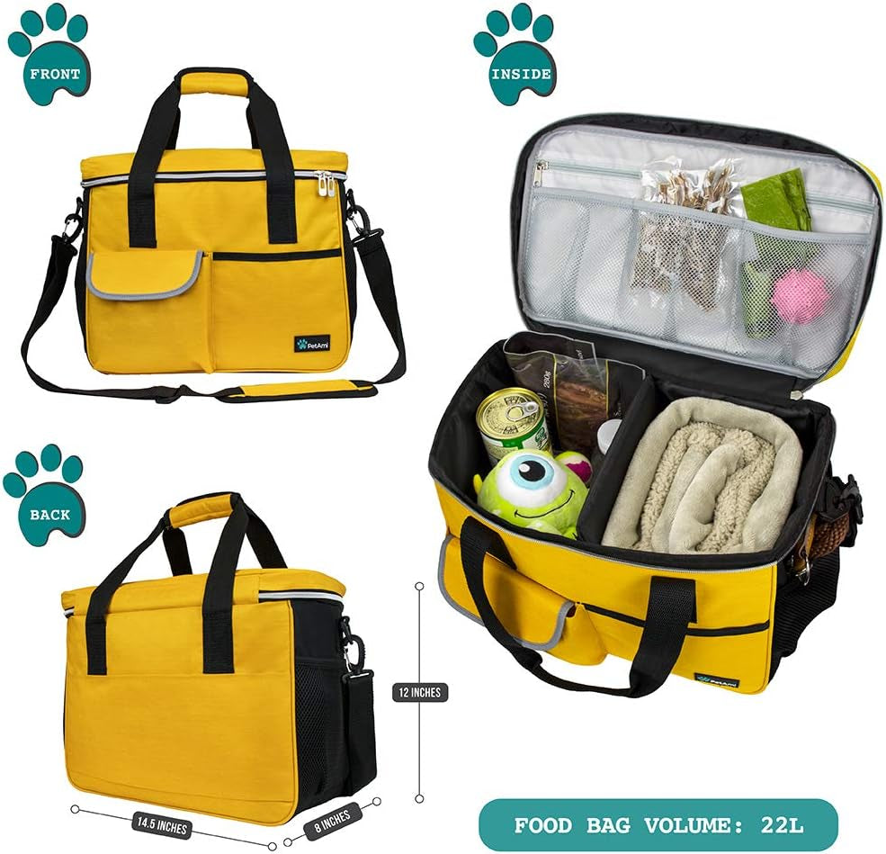 Dog Travel Bag, Travel Pet Bag Organizer, Dog Food Travel Bag with Food Container and Bowls, Dog Travel Supplies Gift Accessories for Weekend Camping, Dog Cat Diaper Bag (Yellow, Medium)